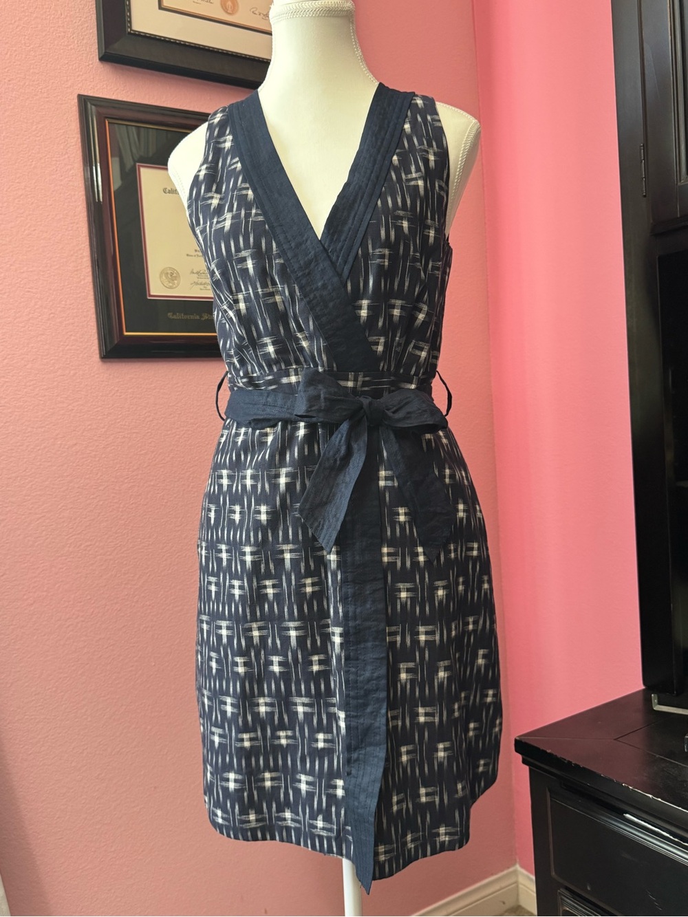 J. Crew Navy and White Sleeveless Wrap Dress with Tie Belt